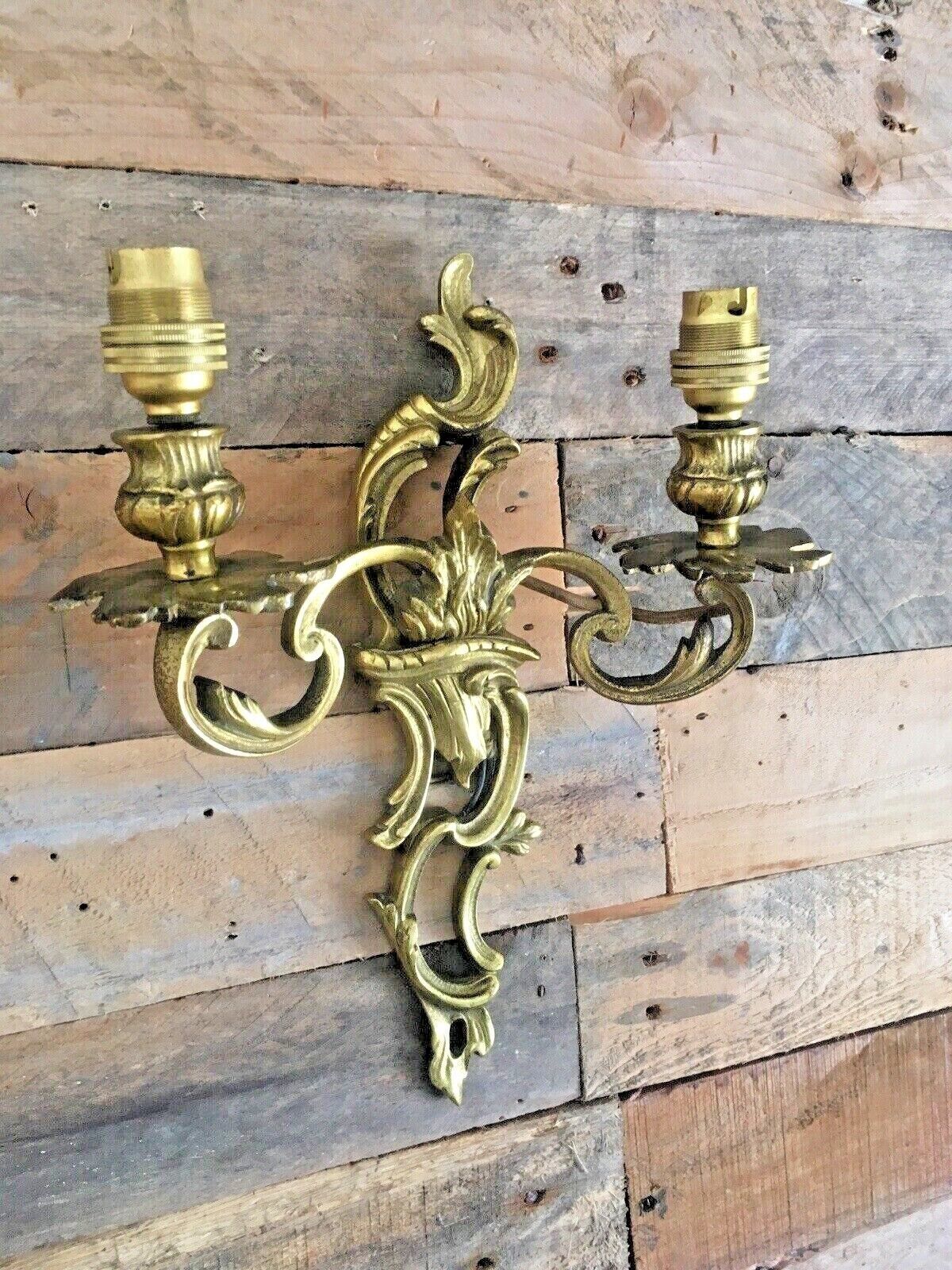 195.0 Antique French Louis XV Style Heavy Brass / Bronze Twin Wall Light Candle Sconce photo