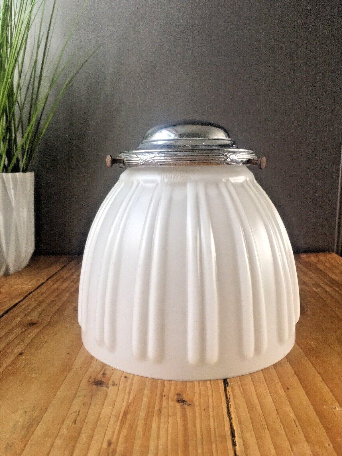 Lighting Art Deco Hailware Reeded Fluted Opaline Glass Lamp Shade & Gallery Ceiling Light photo