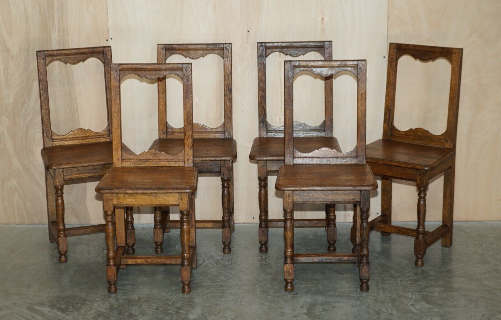 Suite Of Six Antique Victorian English Oak Chapel Dining Chairs Stunning Timber