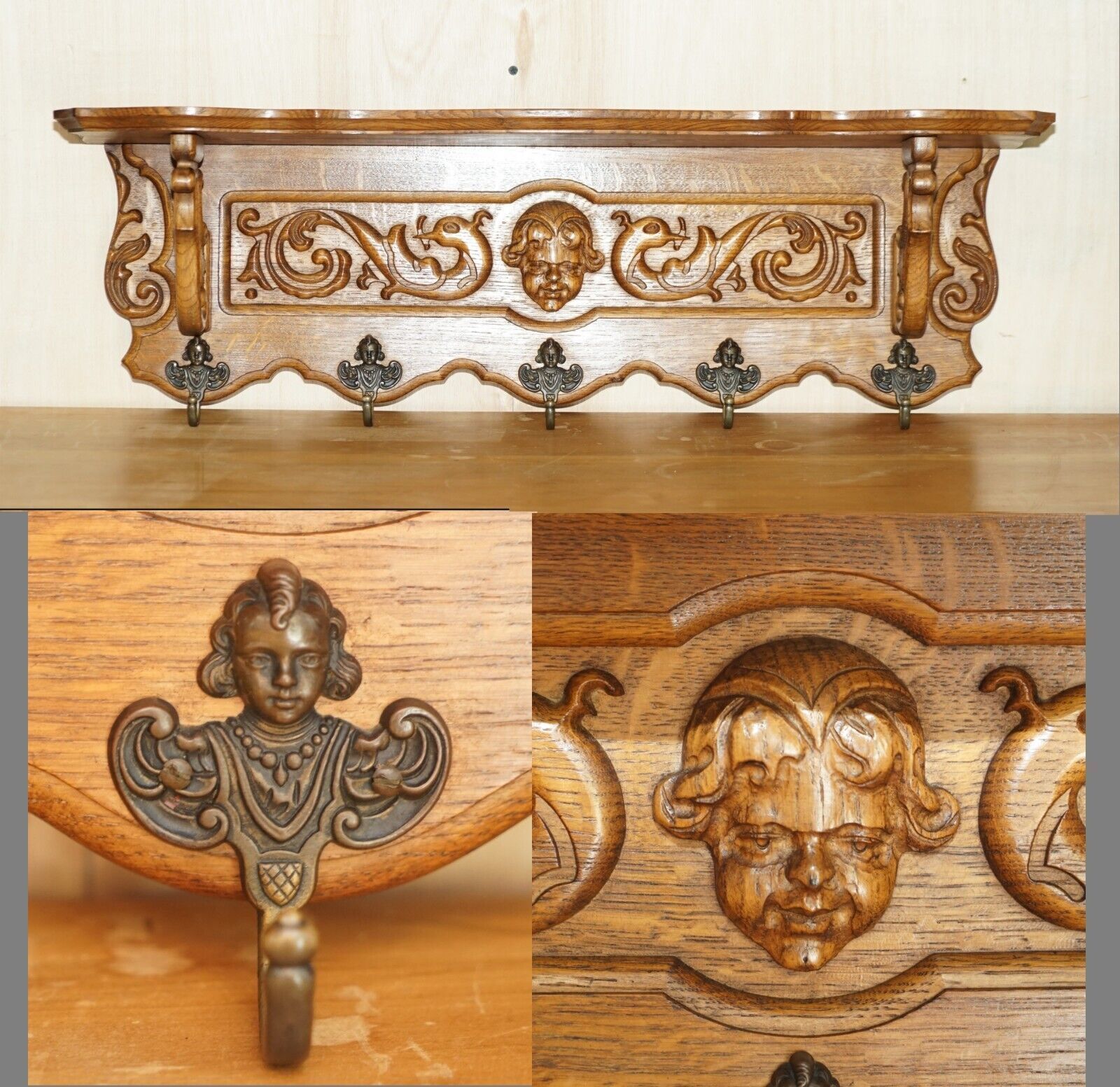 Ornately Carved Cherub Dutch Oak Coat Hat Scarf Wall Rack Hanger Bronze Hooks