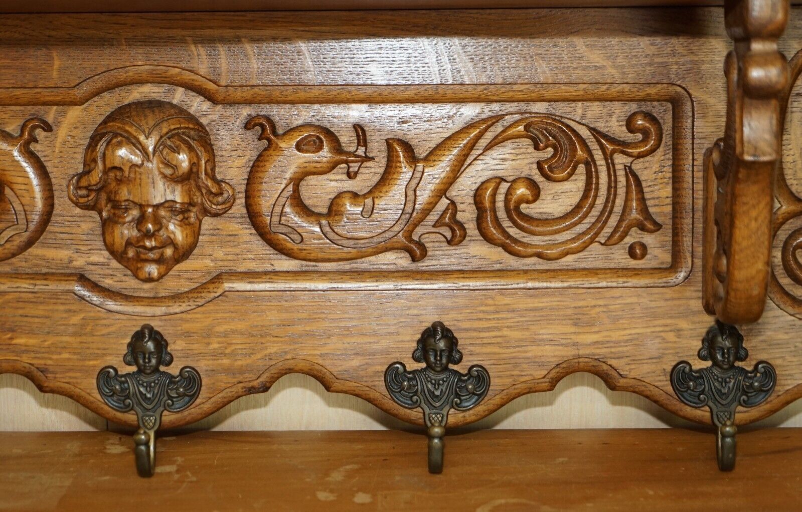 Ornately Carved Cherub Dutch Oak Coat Hat Scarf Wall Rack Hanger Bronze Hooks photo 1500.0