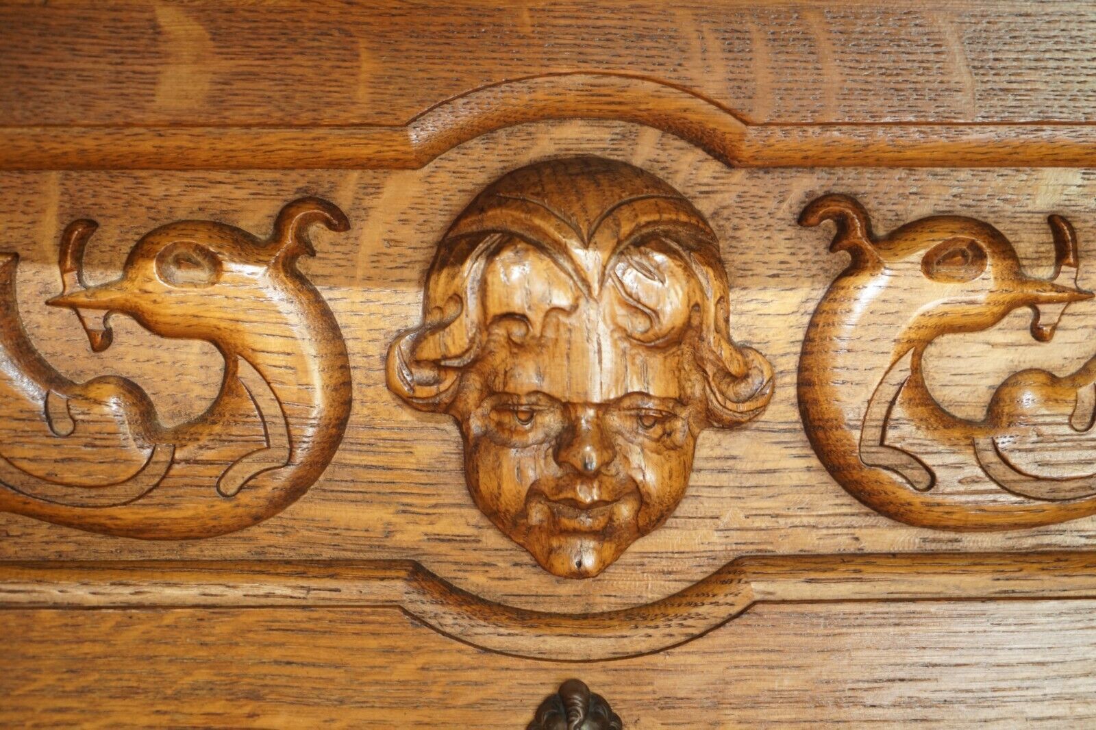 photo for sale Ornately Carved Cherub Dutch Oak Coat Hat Scarf Wall Rack Hanger Bronze Hooks