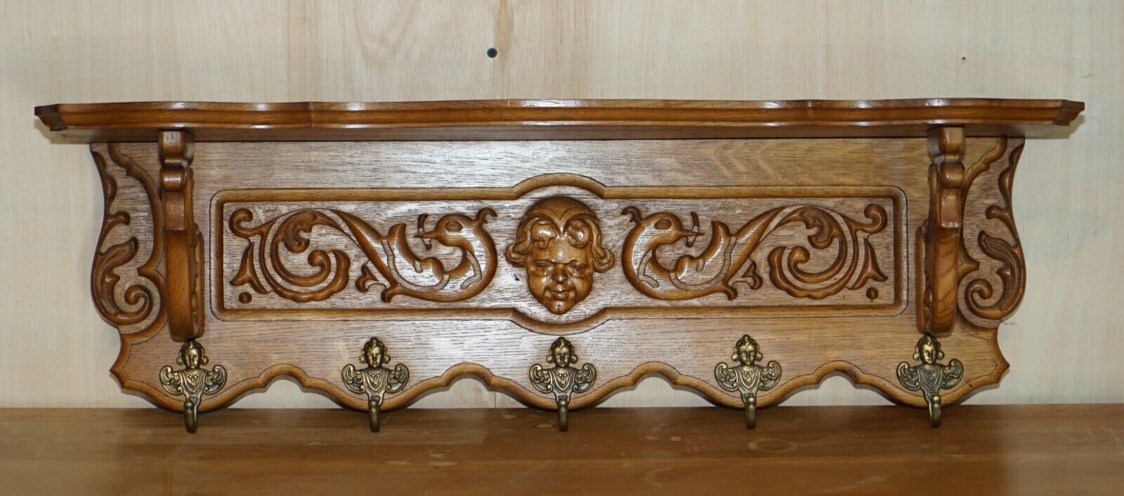 Ornately Carved Cherub Dutch Oak Coat Hat Scarf Wall Rack Hanger Royal Hooks photo furniture