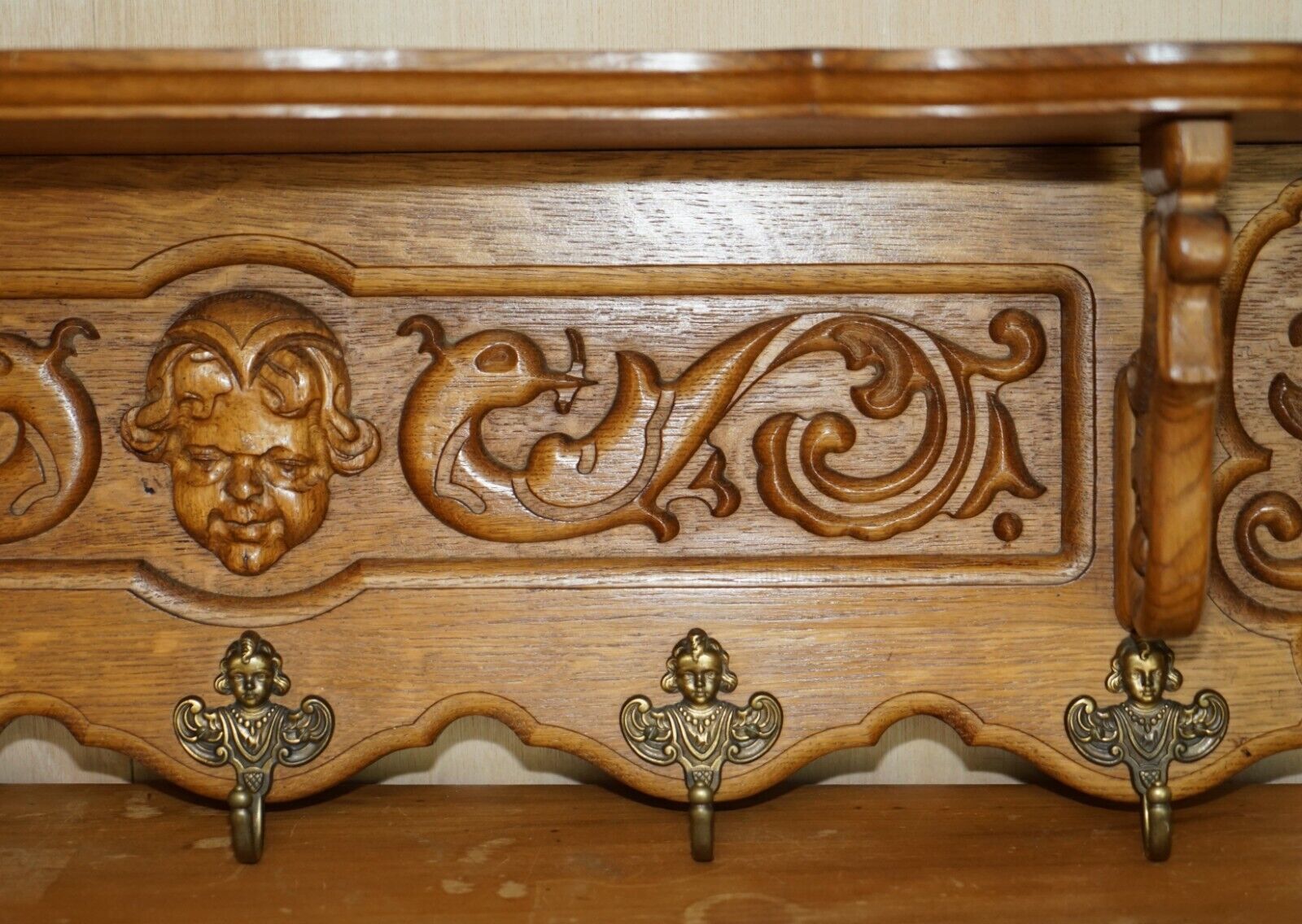 Ornately Carved Cherub Dutch Oak Coat Hat Scarf Wall Rack Hanger Royal Hooks photo 1500.0