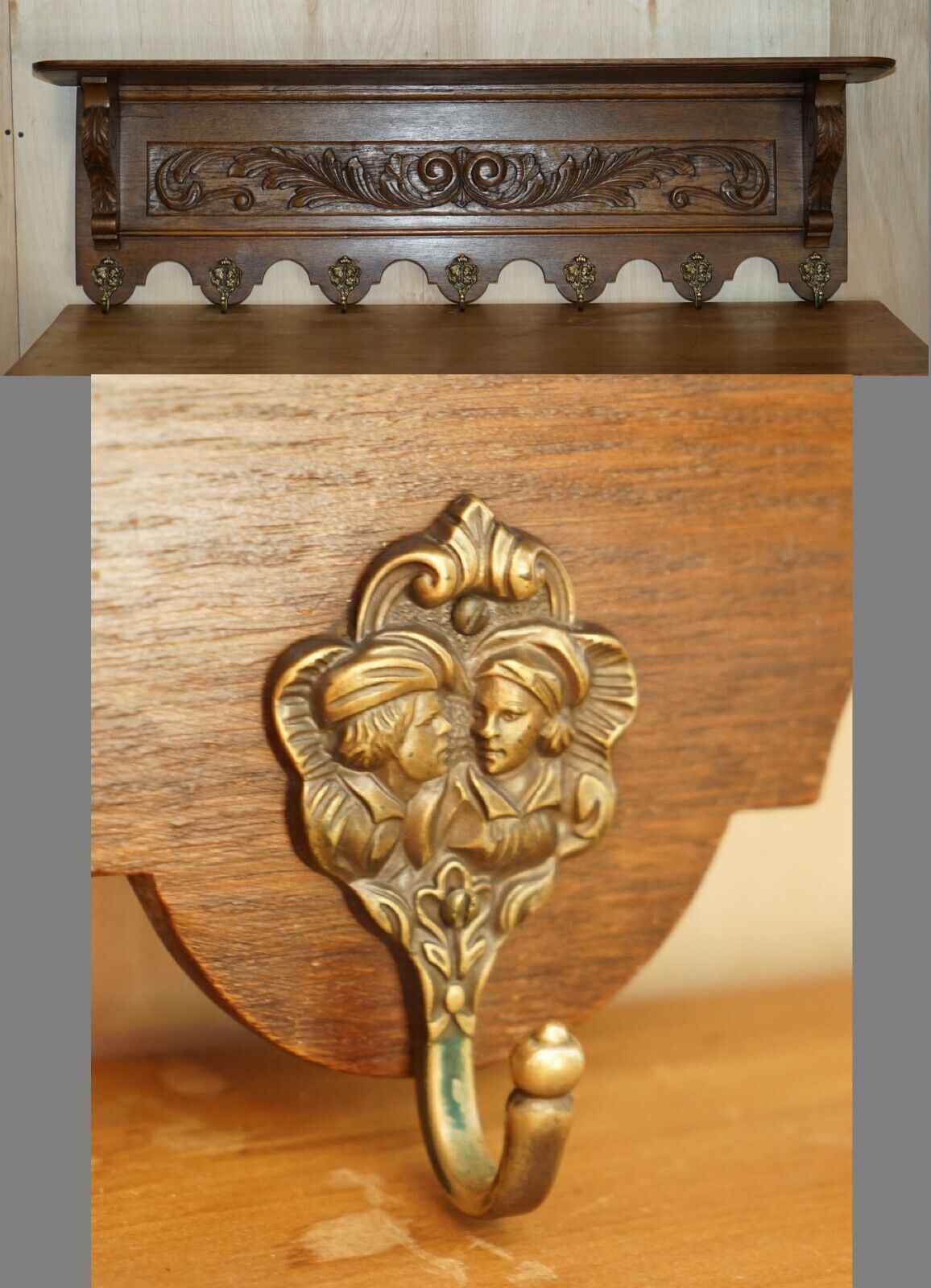 Lovely Dutch Heavily Carved Oak Coat Hat Scarf Wall Rack Hanger Romantic Hooks photo furniture