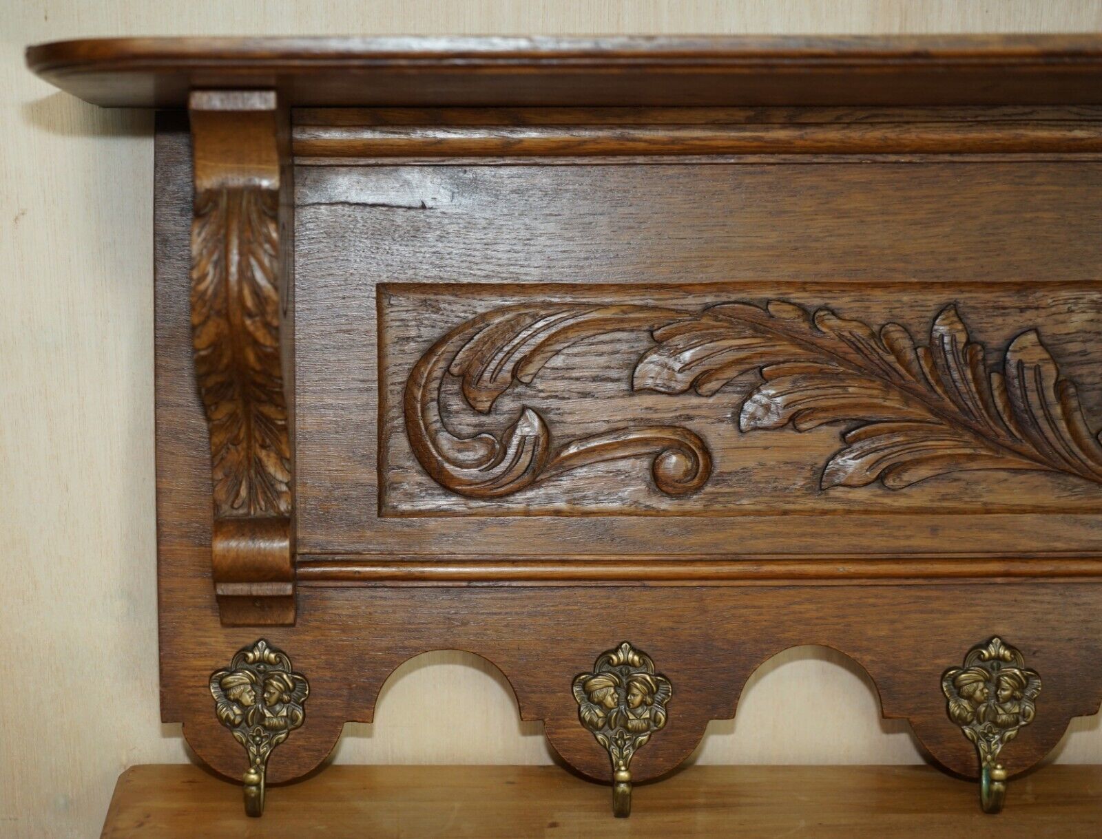 Lovely Dutch Heavily Carved Oak Coat Hat Scarf Wall Rack Hanger Romantic Hooks photo for sale