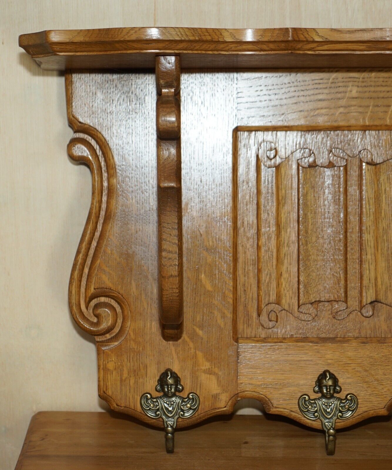 Elegent Dutch Carved Oak Coat Hat Scarf Wall Rack Hanger French Royal Hooks photo for sale