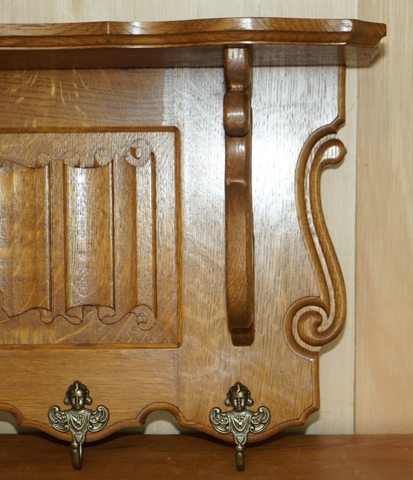 Elegent Dutch Carved Oak Coat Hat Scarf Wall Rack Hanger French Royal Hooks photo buy