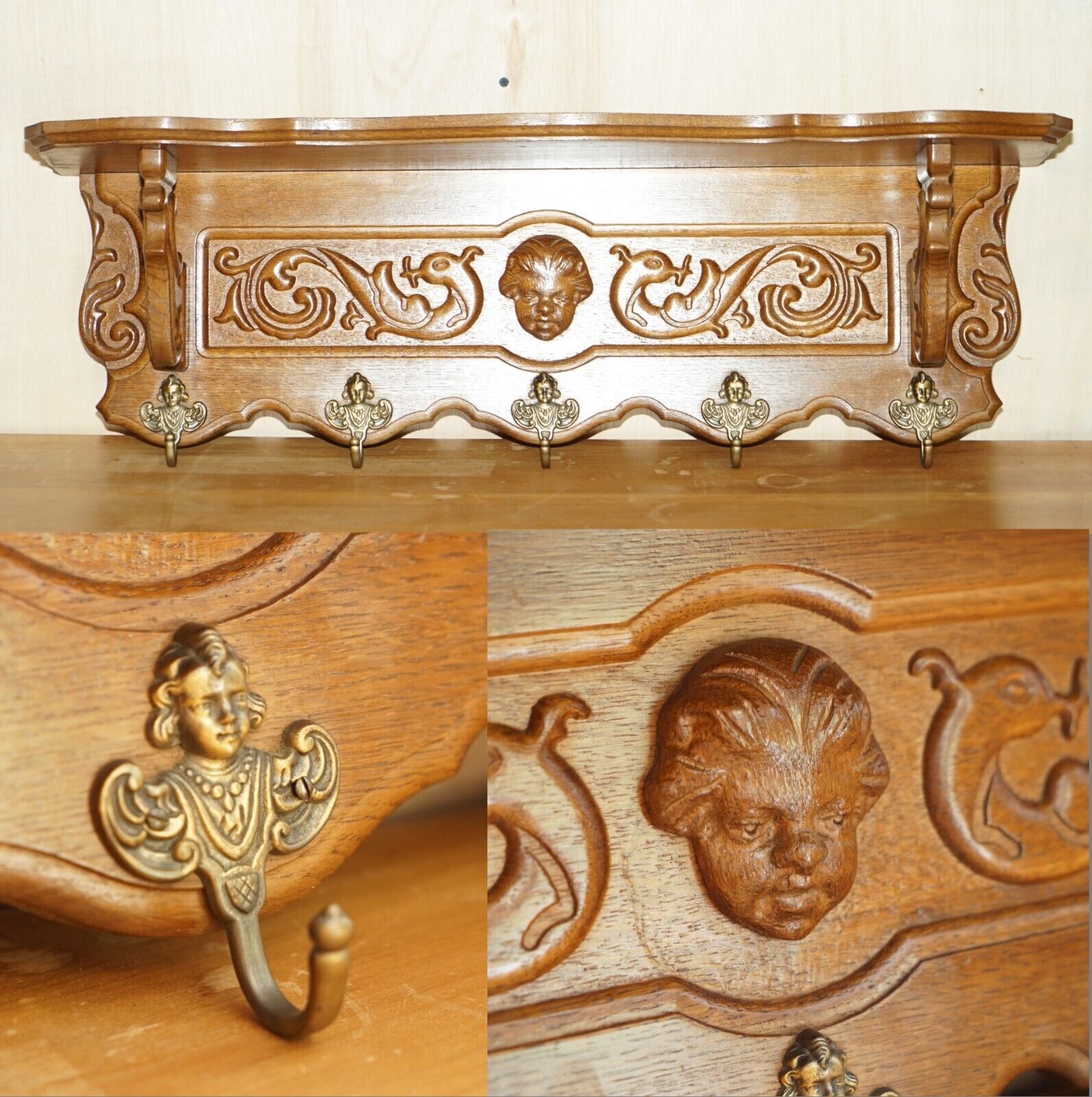 Finely Dutch Carved Cherub Oak Coat Hat Scarf Wall Rack Hanger Royal Hooks