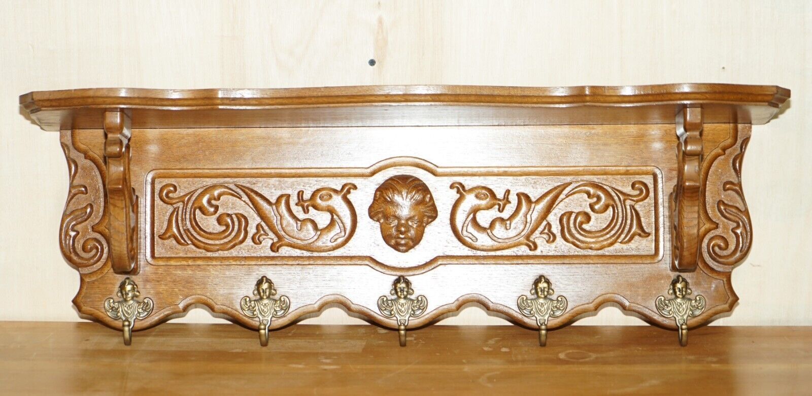 Finely Dutch Carved Cherub Oak Coat Hat Scarf Wall Rack Hanger Royal Hooks photo furniture