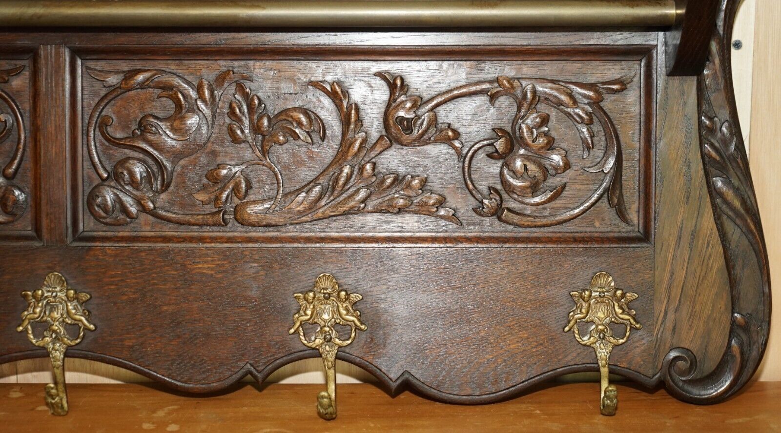Large Antique Dutch Fine Carved Oak Coat Hat Scarf Wall Rack Hanger Cherub Hooks photo 1750.0