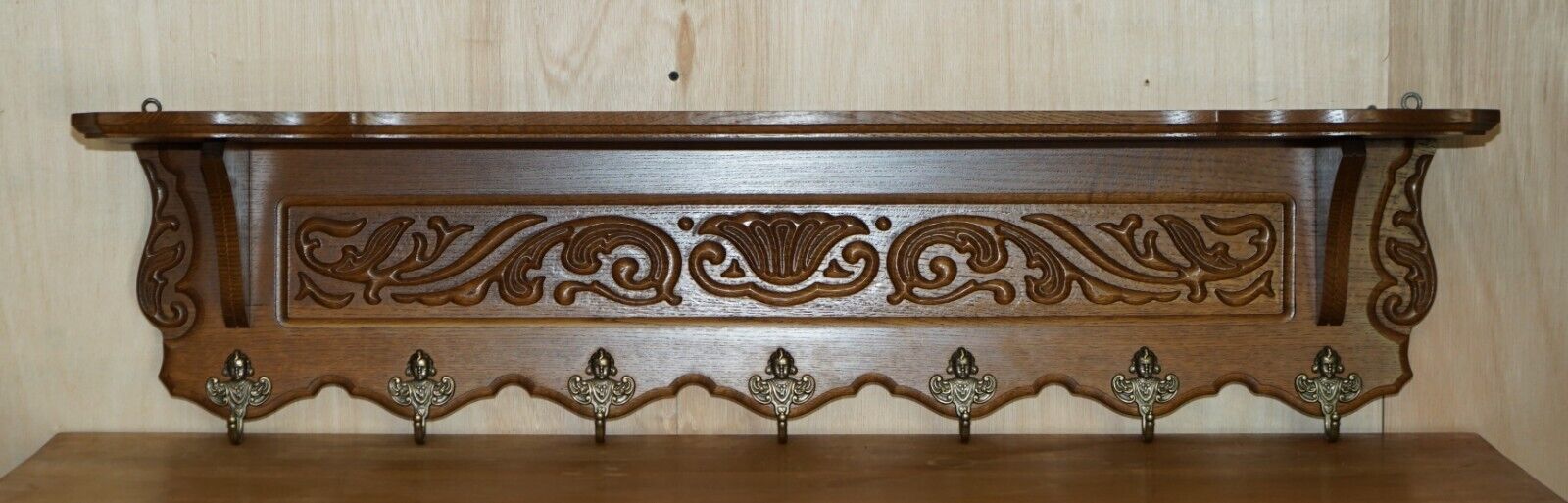 photo for sale Large Antique Dutch Fine Carved Oak Coat Hat Scarf Wall Rack Hanger Cherub Hooks