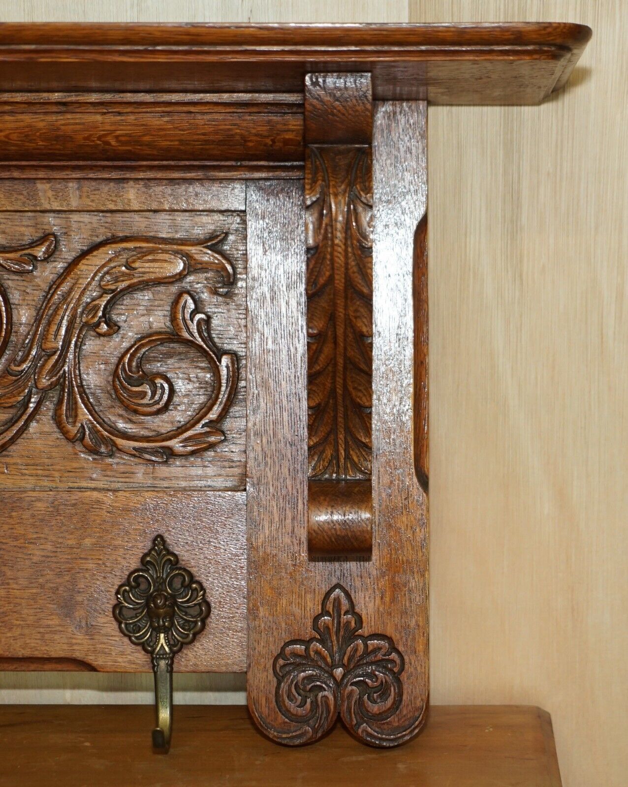 Fine Dutch Heavily Carved Oak Coat Hat Scarf Wall Rack Hanger Lion Head Carved photo vinterior