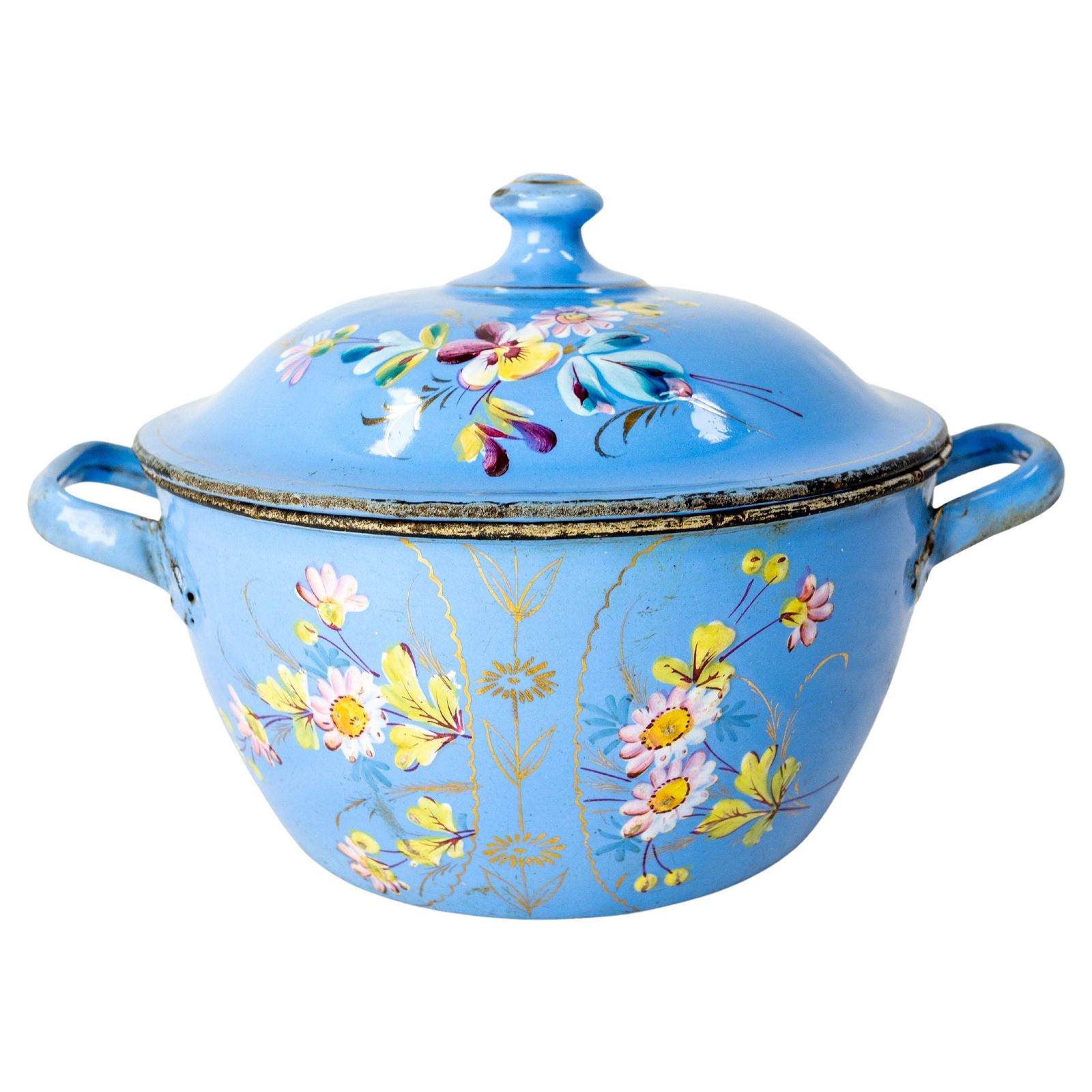French Country Blue Soup Tureen With Floral Decoration, Enameled Iron, C. 1900
