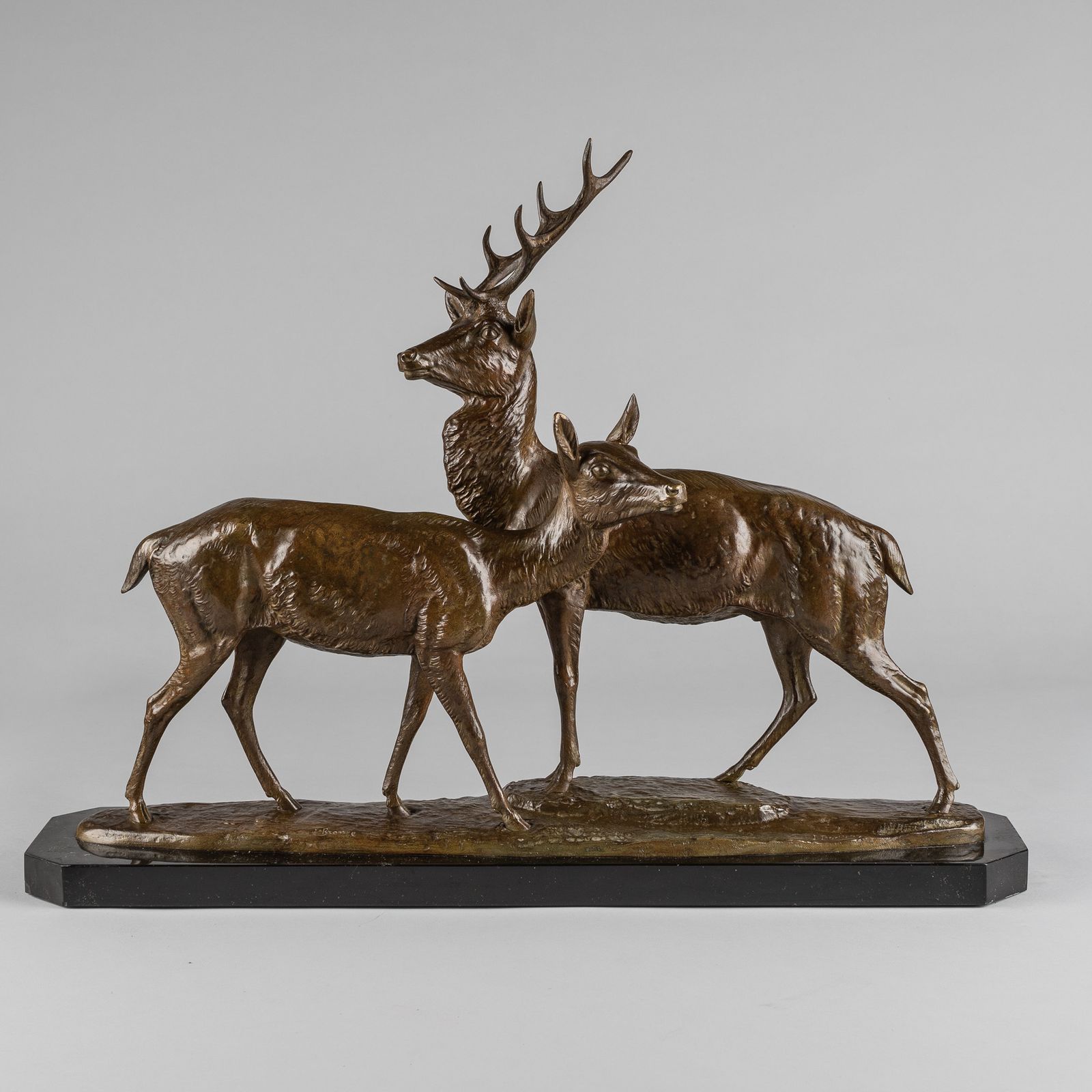 French Art Deco Bronze Sculpture Of A Stag And Doe Signed I Rochard
