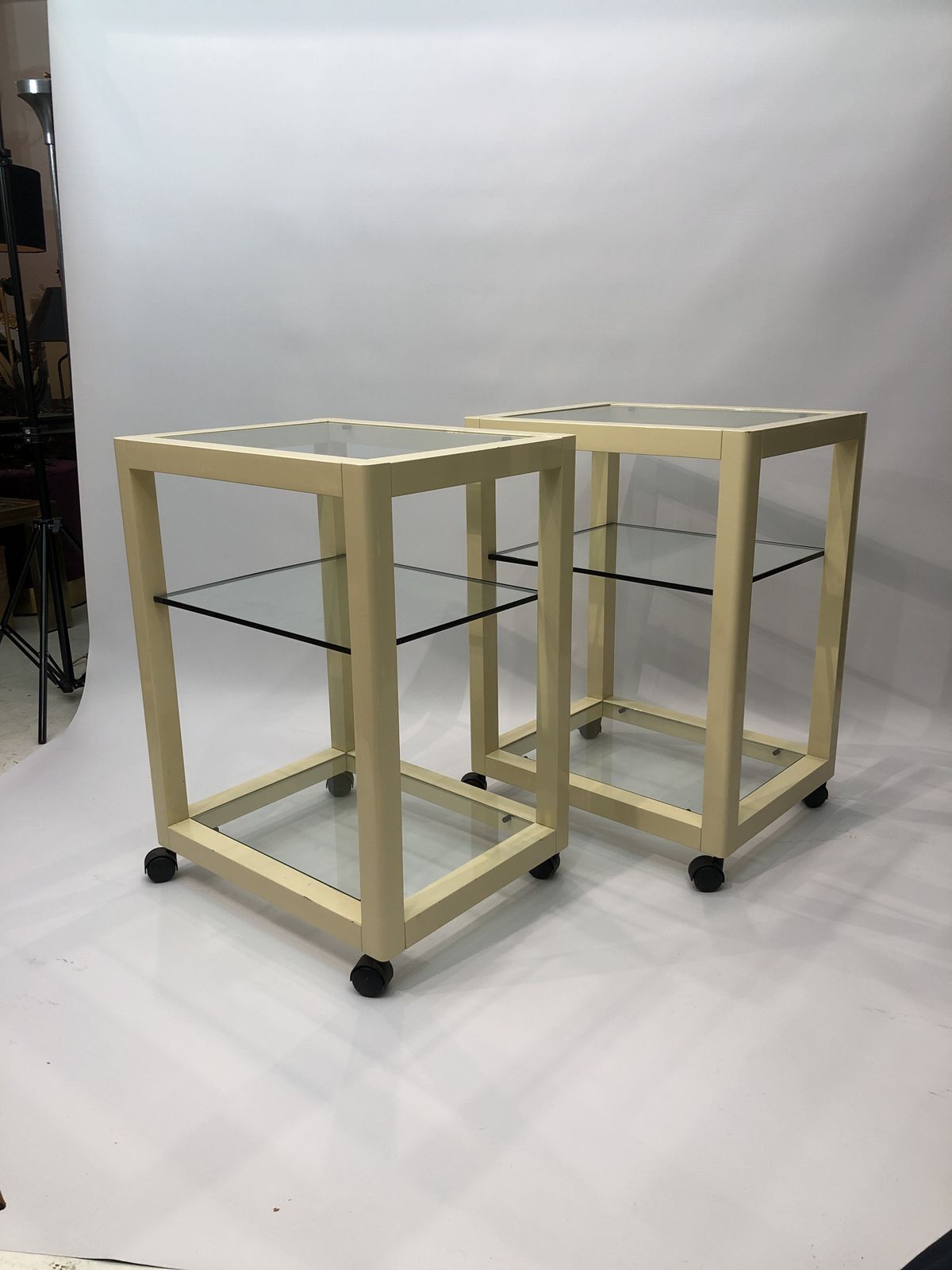 Pair Of Cream Lacquered Side Tables Wheels 1970s Hollywood Regency Modernism photo buy