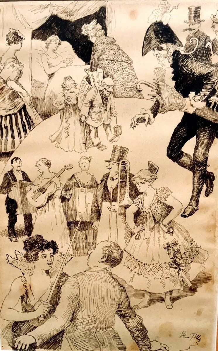 Chinese Ink Drawing "Scenes From Cabaret" By Maurice Pille photo furniture