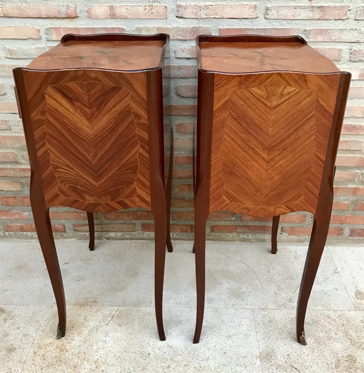 Early 20th Century French Marquetry And Iron Hardware Bedside Tables Or Nightstands, Set Of 2 photo vinterior