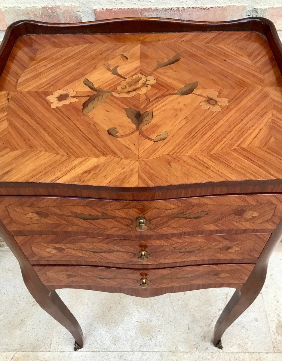 photo for sale Early 20th Century French Marquetry And Iron Hardware Bedside Tables Or Nightstands, Set Of 2