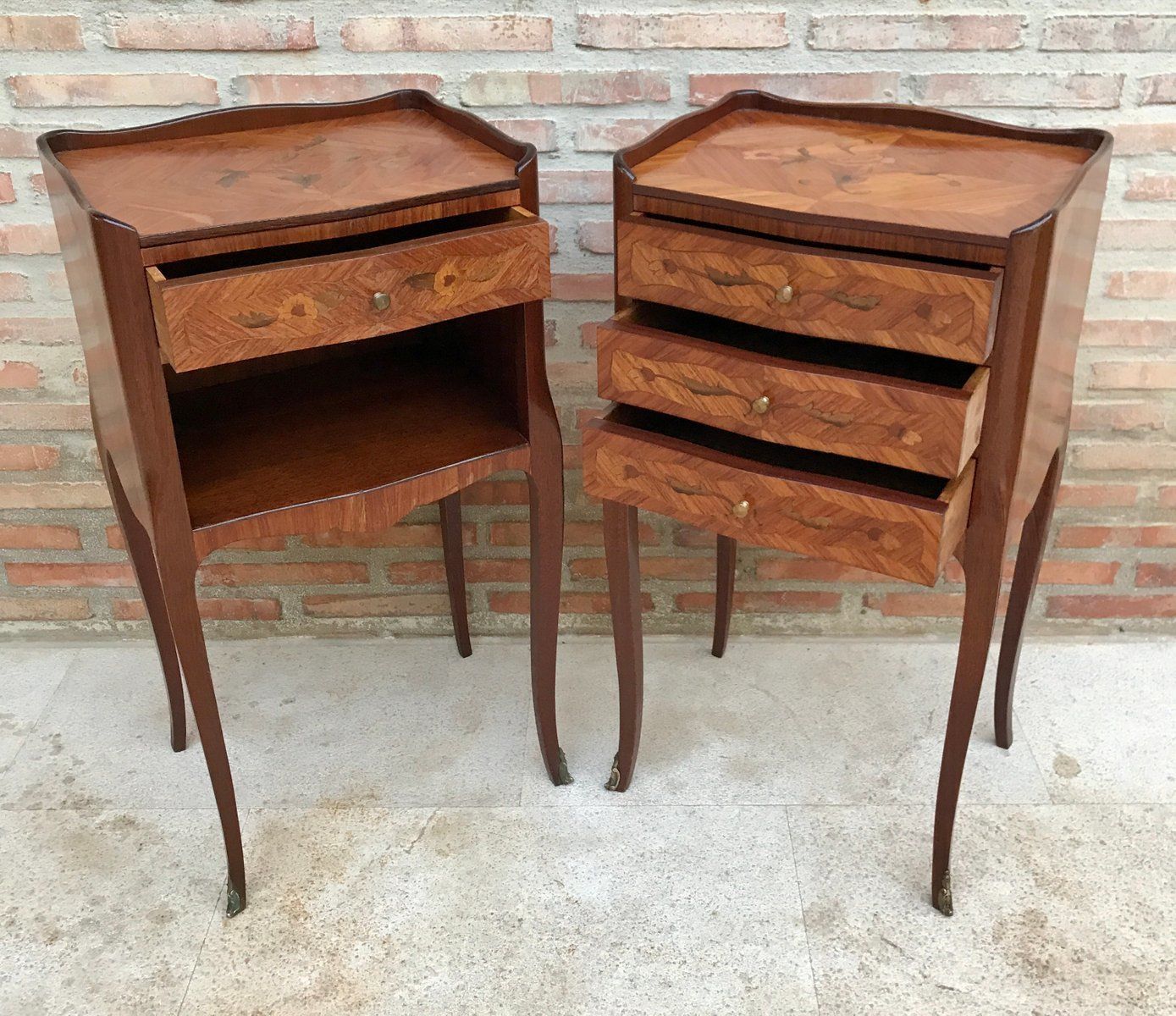 Furniture Early 20th Century French Marquetry And Iron Hardware Bedside Tables Or Nightstands, Set Of 2 photo