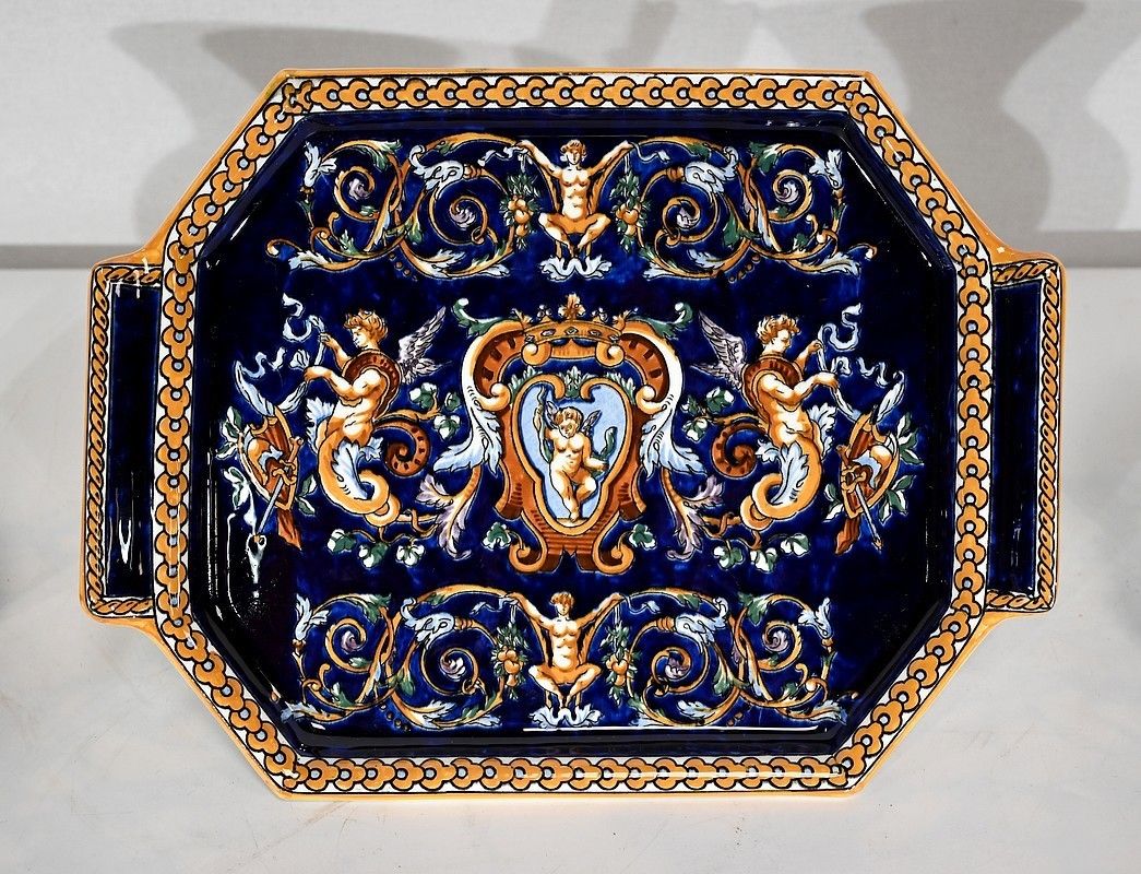 Tray And Vases In Gien Earthenware, Renaissance Style, Early 20th Century photo for sale