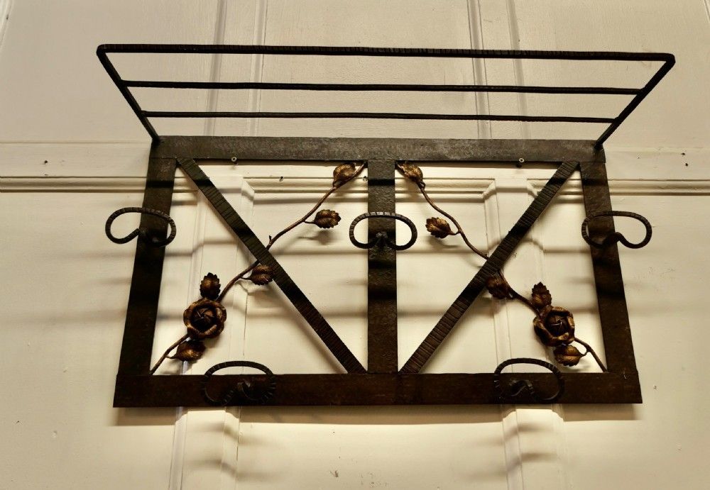 French Art Deco Iron Hat And Coat Rack With Shelf Decorated With Roses photo furniture