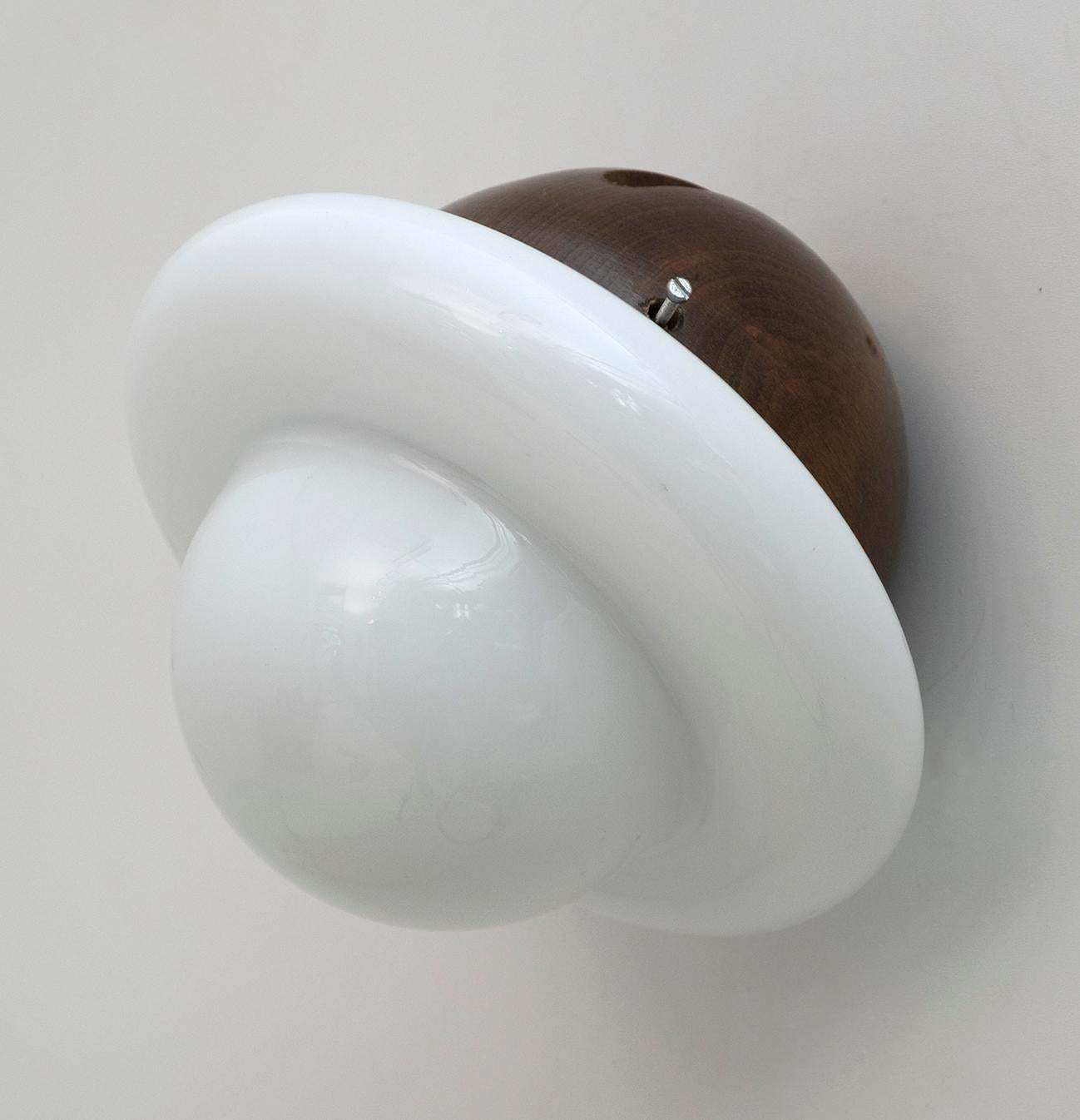 Pair Of Mid Century Modern Italian Opaline Glass And Wood Sconces, 1960s photo furniture