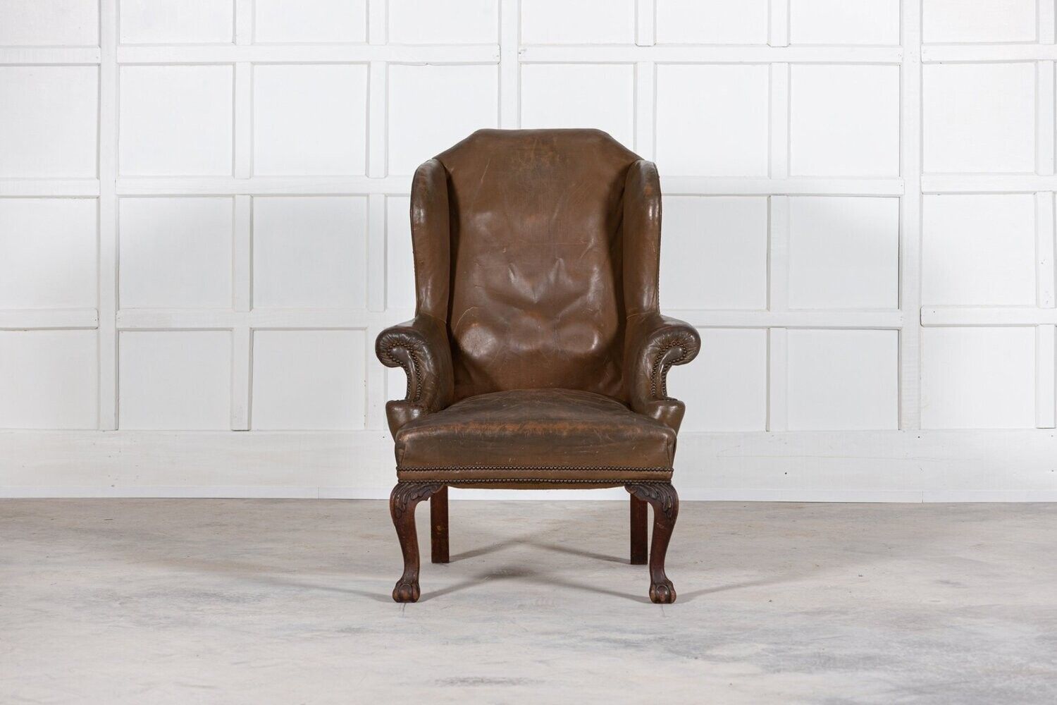 Large 19thc English Olive Leather & Mahogany Wingback Armchair photo furniture
