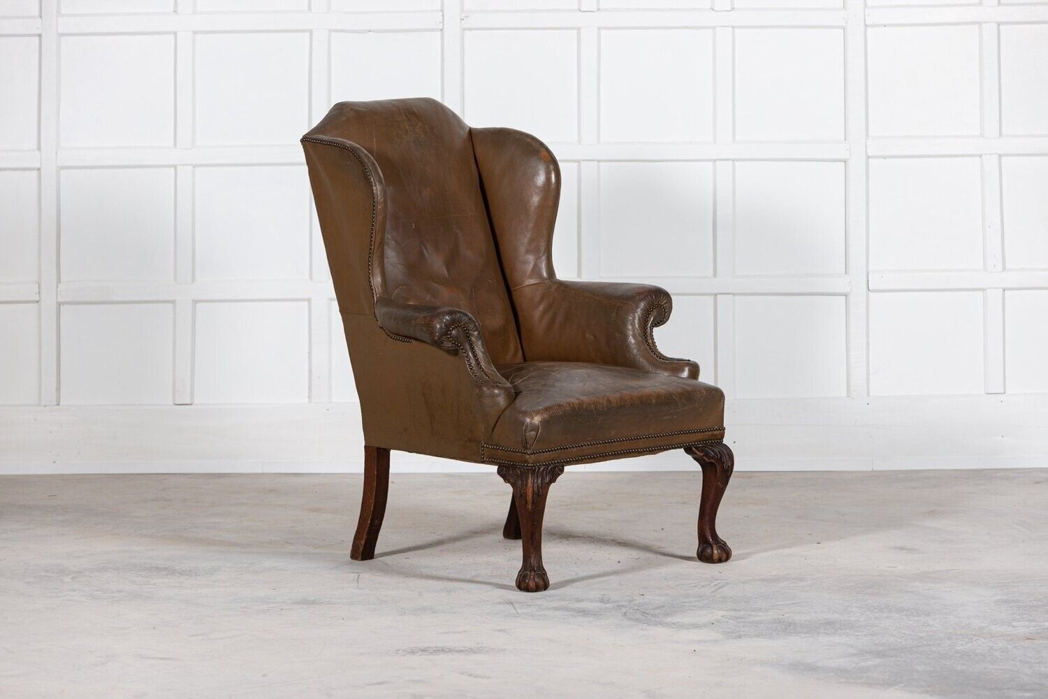 Large 19thc English Olive Leather & Mahogany Wingback Armchair photo for sale