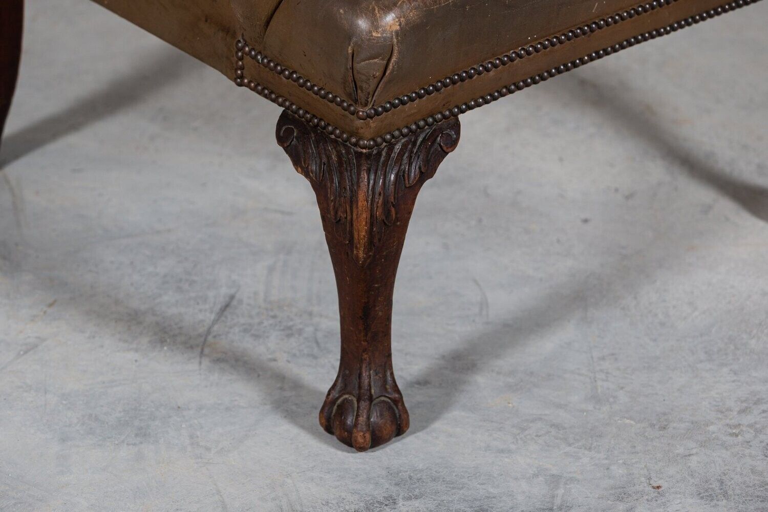 Large 19thc English Olive Leather & Mahogany Wingback Armchair photo vintage