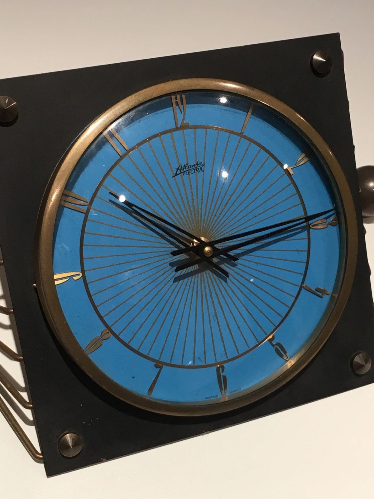 Clock In Lacquered Metal, Glass And Brass. Around 1950 photo vintage