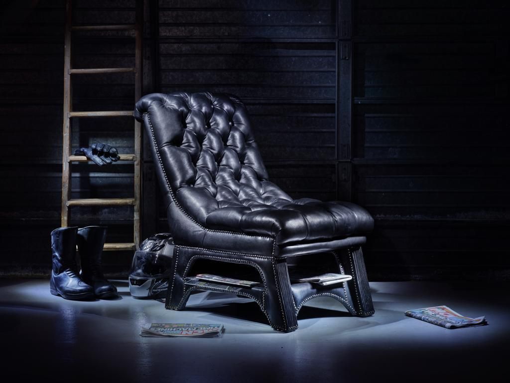 The Vintage Black Leather Motorcycle Jacket 'Bikers Rest’ Chair.
