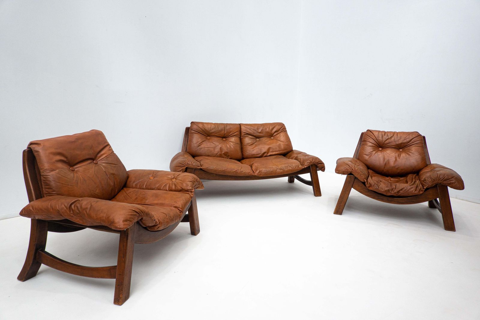 Mid Century Living Room Set, Original Cognac Leather,Brazilian Style, 1960s photo for sale