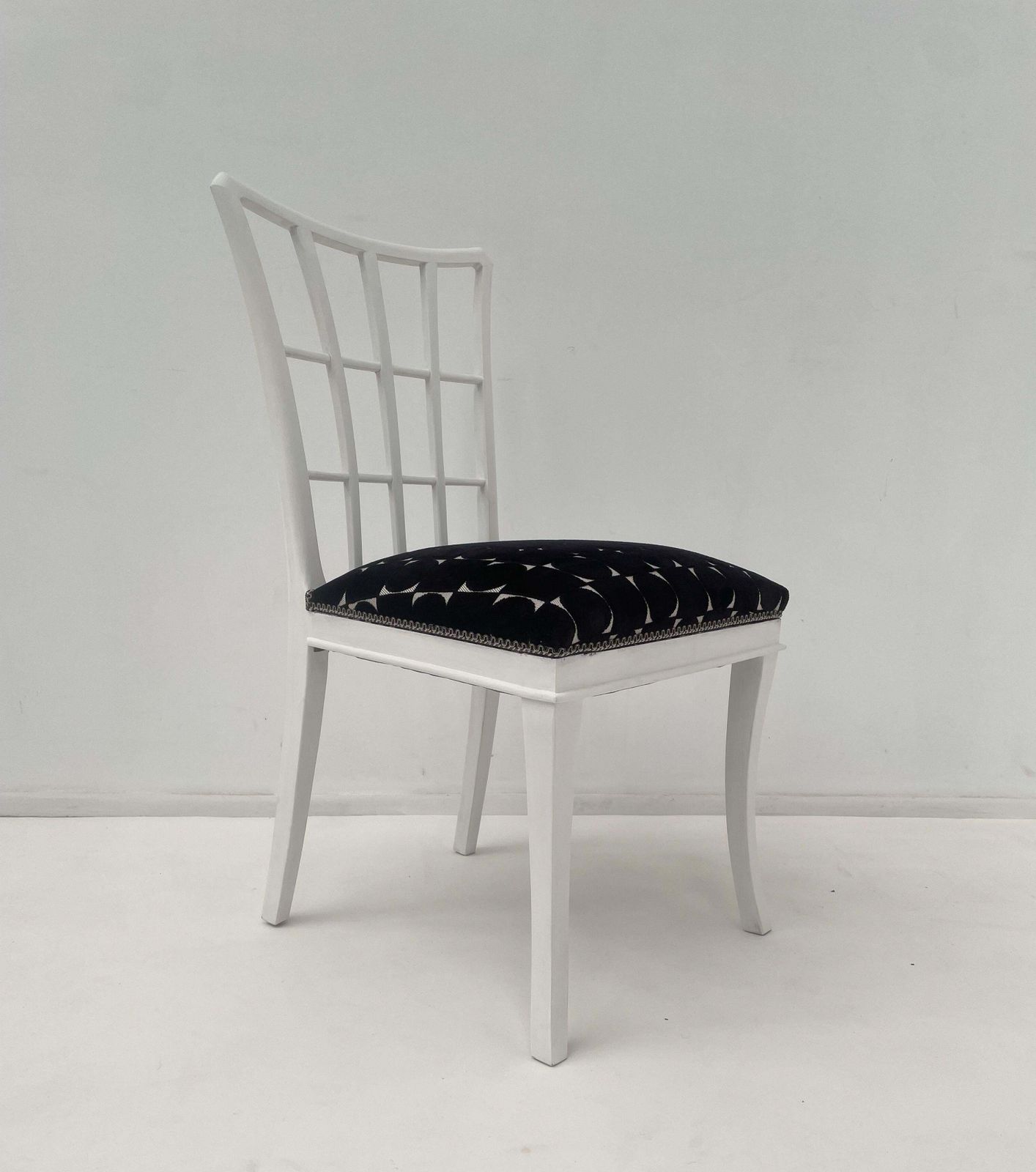 Set Of 12 Art Deco Style Chairs, White Wood And Fabric photo furniture