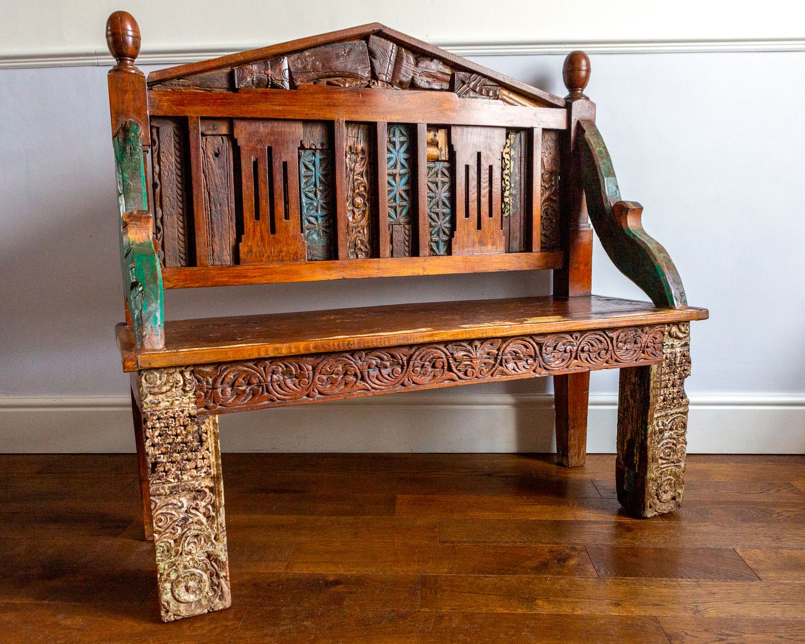 Antique Indian Carved Teak Bench Rajasthan Reclaimed Decorative Salvage Bench 19th Century