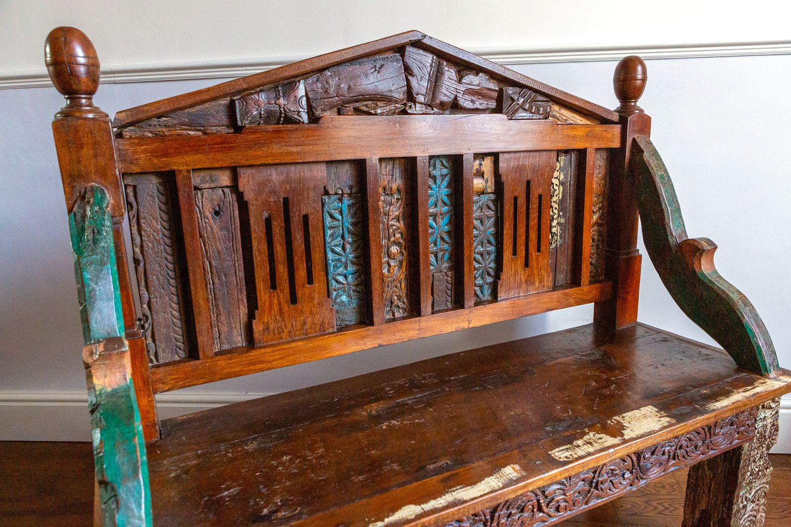 Antique Indian Carved Teak Bench Rajasthan Reclaimed Decorative Salvage Bench 19th Century photo Furniture