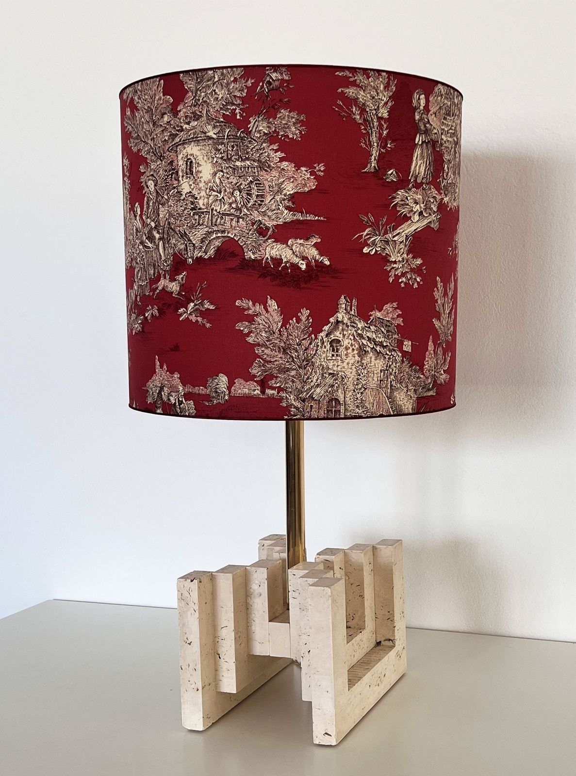 Italian Mid Century Large Travertine Marble Table Lamp With New Lampshade, 1970s photo vintage