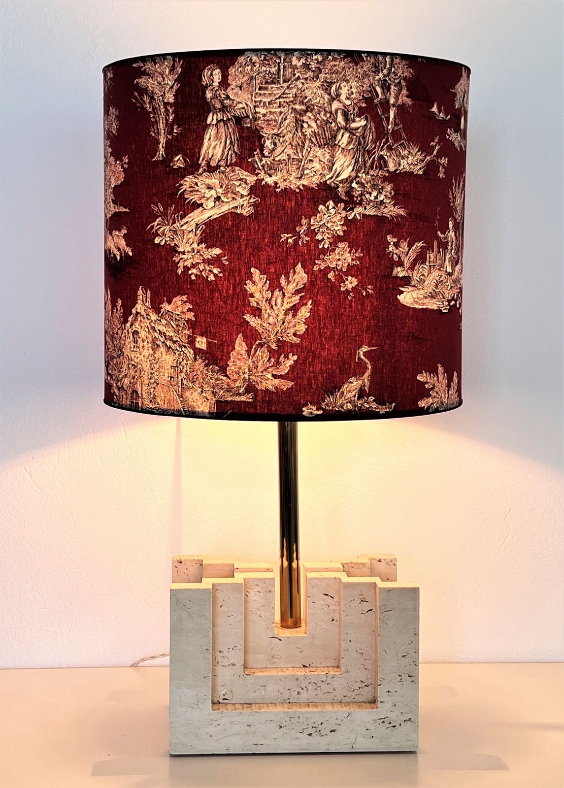 Lighting Italian Mid Century Large Travertine Marble Table Lamp With New Lampshade, 1970s photo