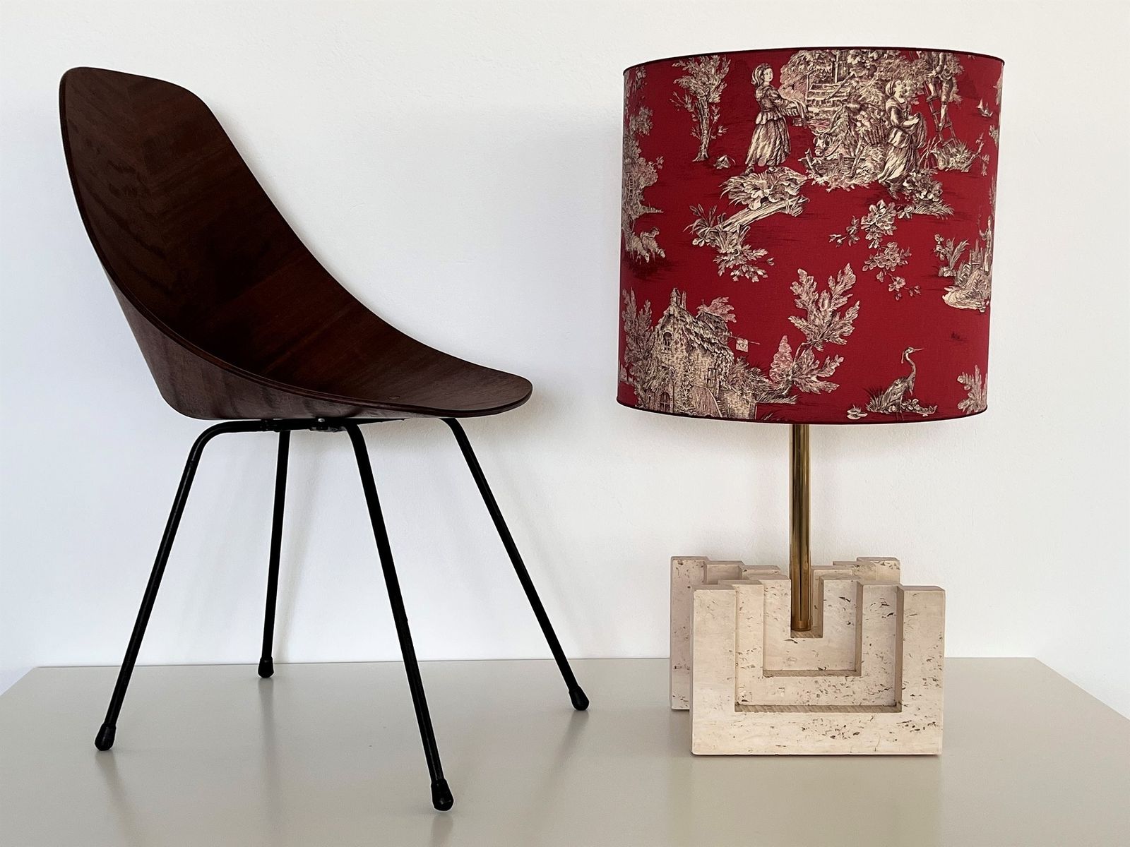 photo buy Italian Mid Century Large Travertine Marble Table Lamp With New Lampshade, 1970s