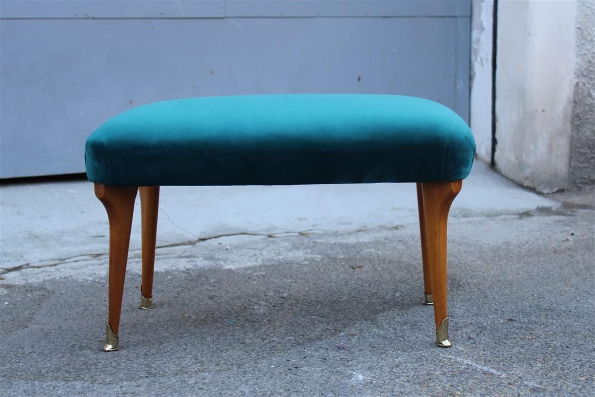 photo vintage Mid Century Italian Stool Green Velvet Maple And Brass Feet