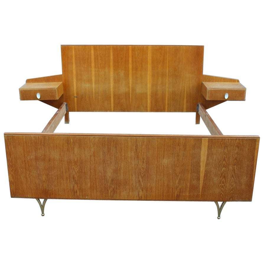Large Mid Century Italian Bed In Chestnut And Brass By Gio Ponti Attributed 1950