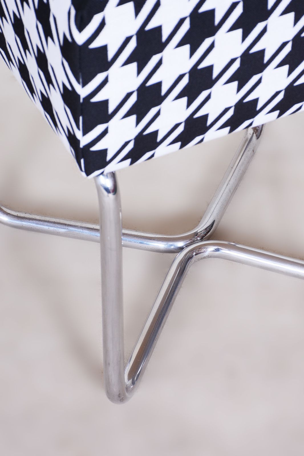 Small Chrome Black & White Stool By Sab, Made In The 1930s, New Upholstery photo for sale