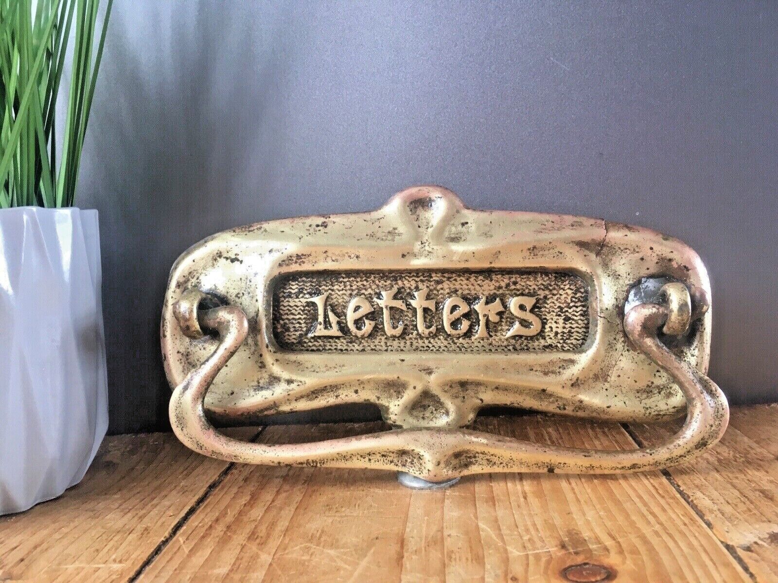 Reclaimed Antique Art Nouveau Brass Door Knocker Mail Letter Box Posting Slot photo for sale
