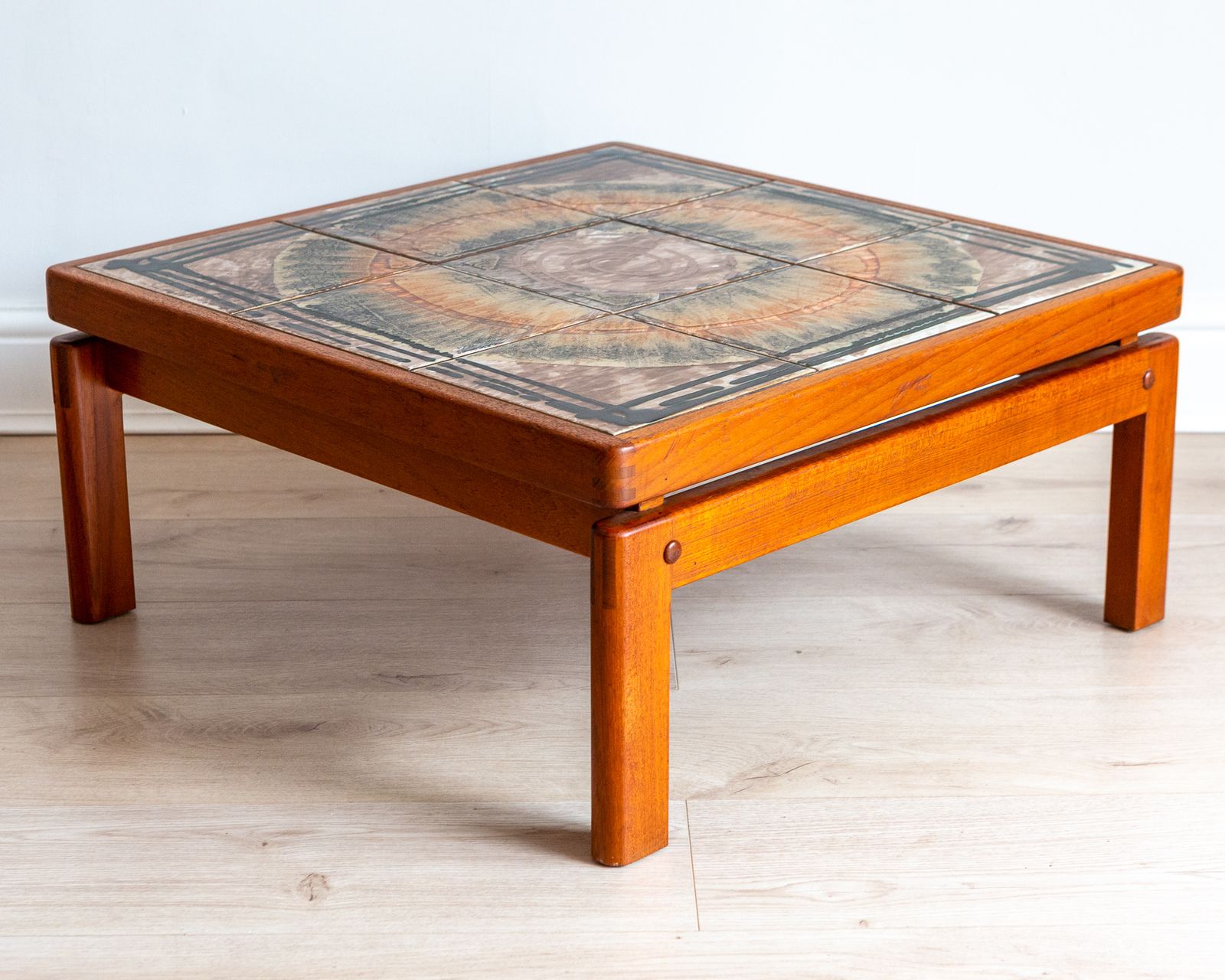 Signed Danish Ceramic Tiled Floating Ox Art Trioh Coffee Table Scandinavian 1970s Mid Century photo vinterior