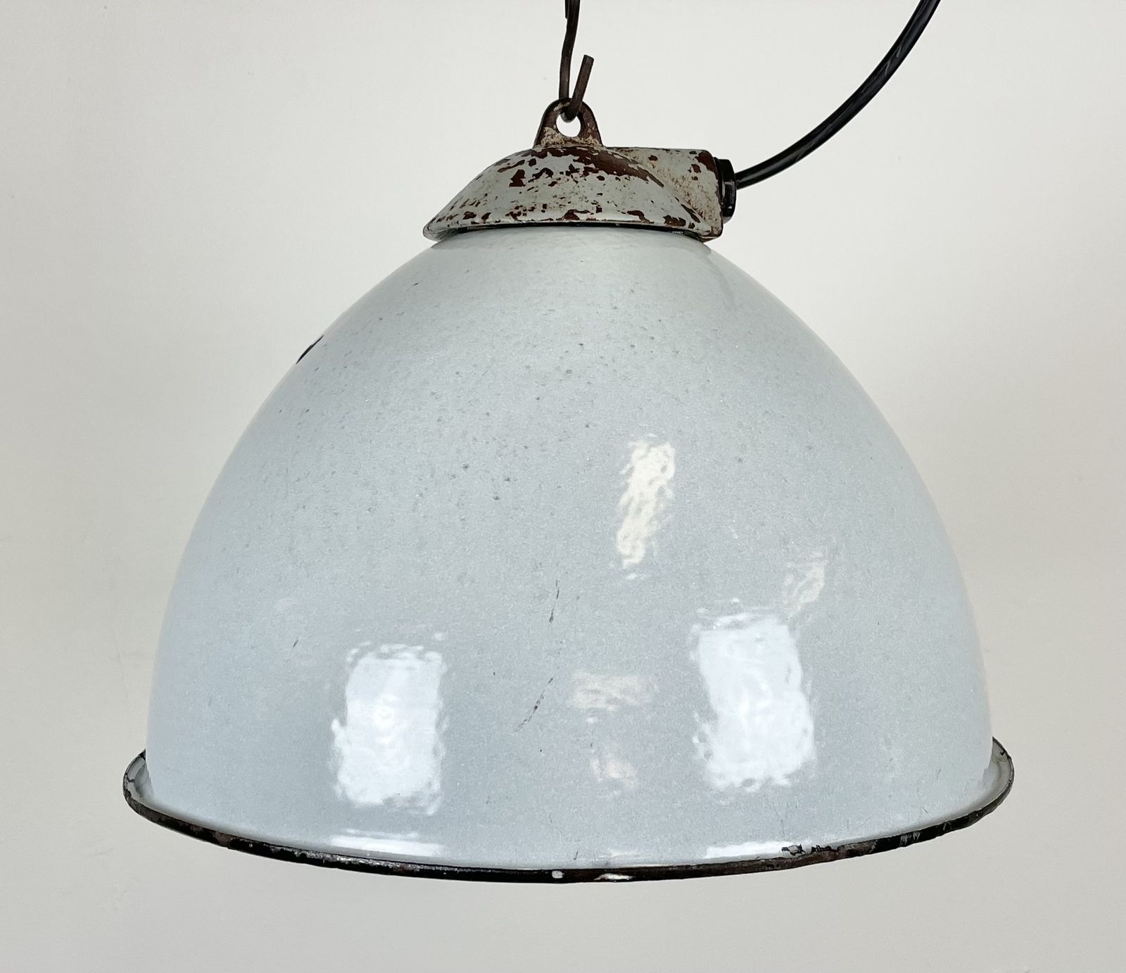 Industrial Grey Enamel Factory Lamp With Cast Iron Top From Zaos, 1960s photo for sale