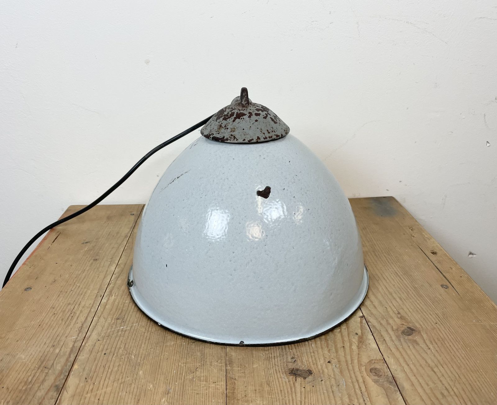 photo for sale Industrial Grey Enamel Factory Lamp With Cast Iron Top From Zaos, 1960s