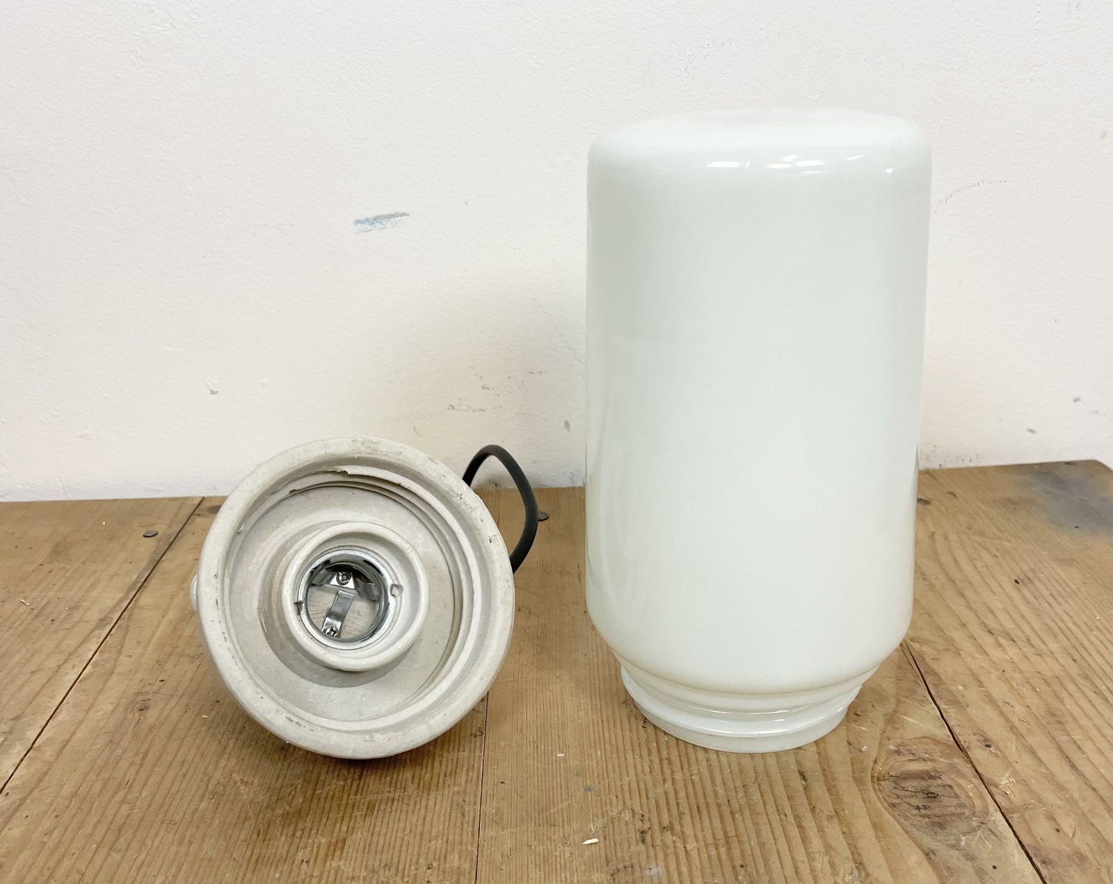 photo for sale Industrial White Porcelain Pendant Light With Milk Glass, 1970s, 4x