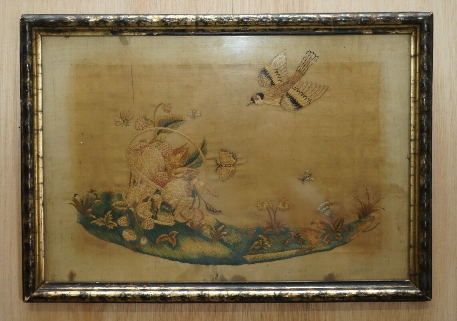 Pair Of 19th Century Silk Hand Woven Tapestries Pictures Depicting Birds Fruit photo furniture
