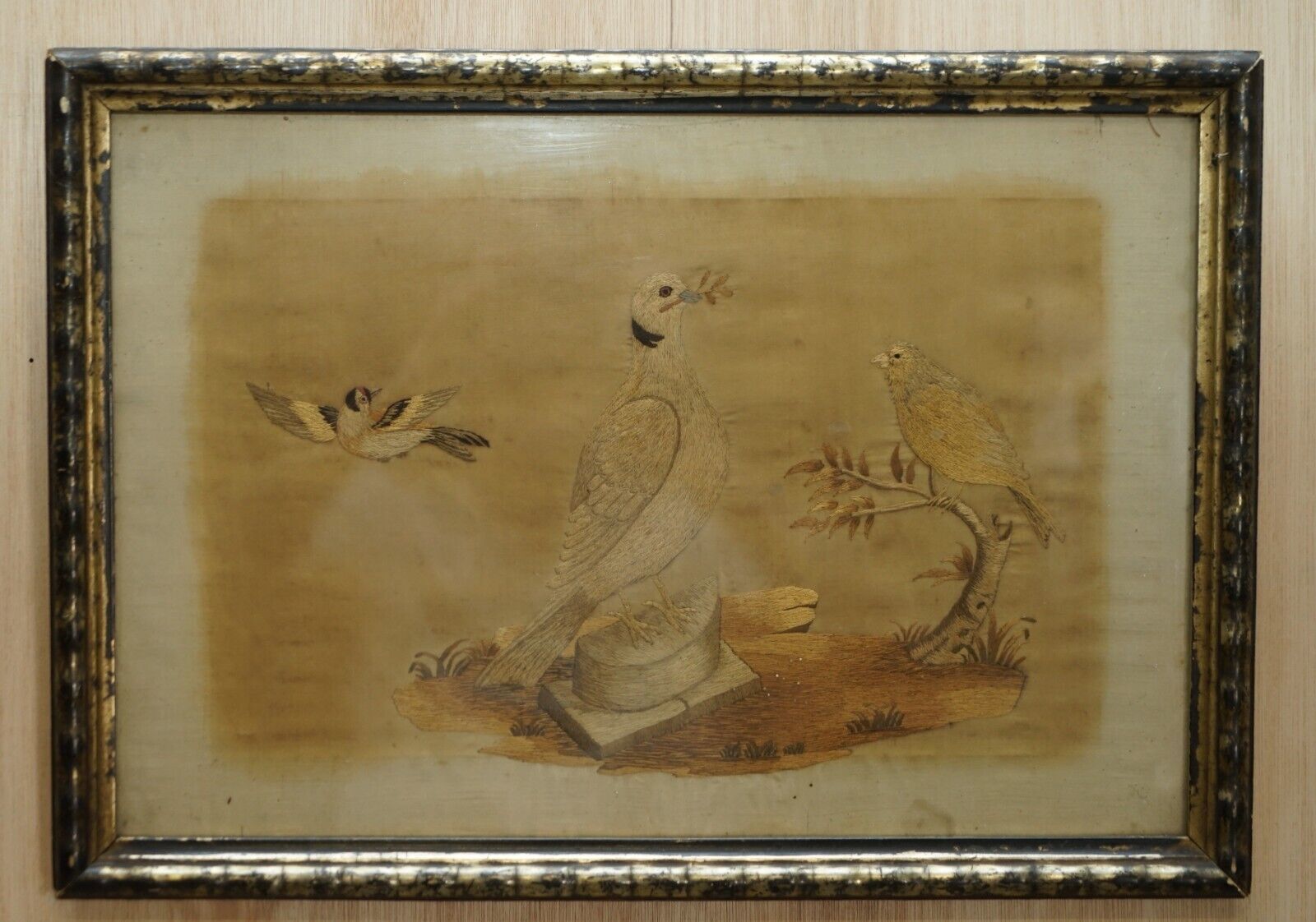 Pair Of 19th Century Silk Hand Woven Tapestries Pictures Depicting Birds Fruit photo vintage