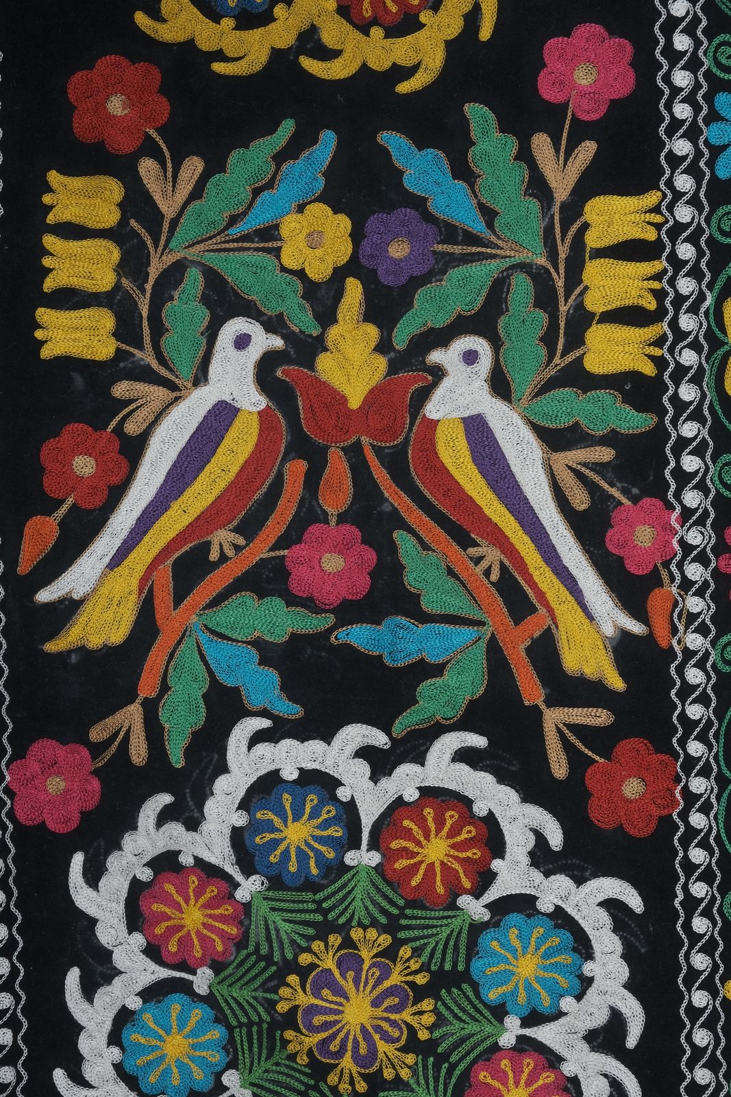 Colorful Velvet Suzani Table Runner, Handmade Decorative Uzbek Fabric, Bird Motifs Suzani Wall Decor 1'7" X 12'4" photo furniture
